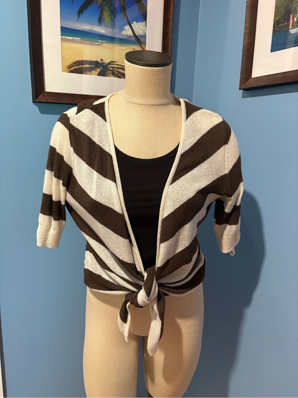 White House Black Market Brown and Cream Striped Tie-Front Cardigan